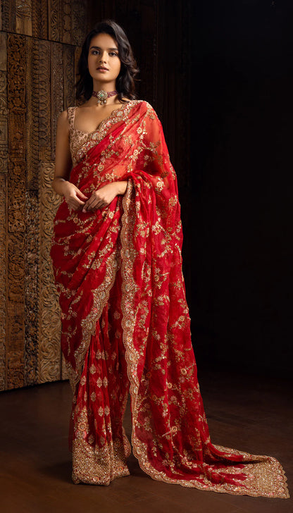 Red Jaal Lehenga Saree