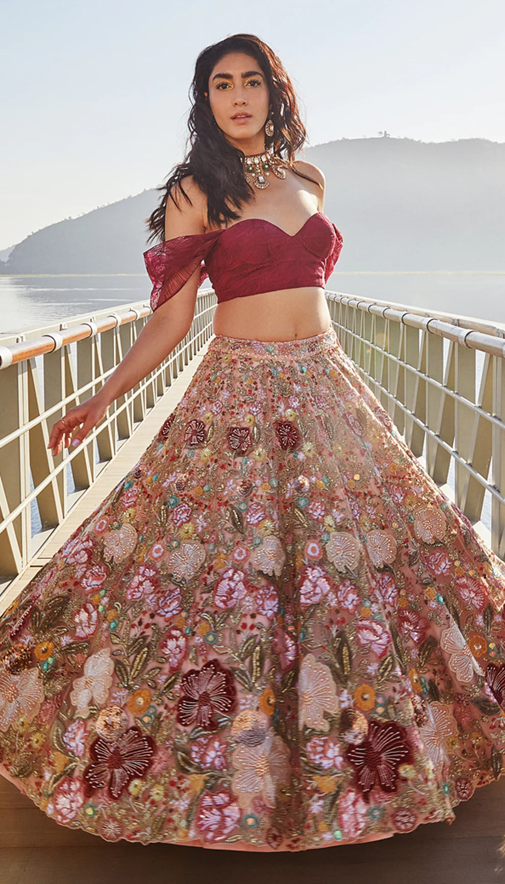 Pale Pink Floral Tulle Lehenga