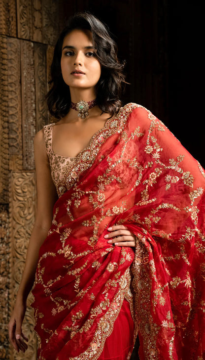 Red Jaal Lehenga Saree