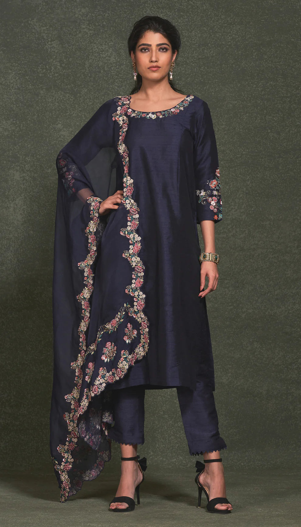 Midnight Blue Floral Embroidered Kurta