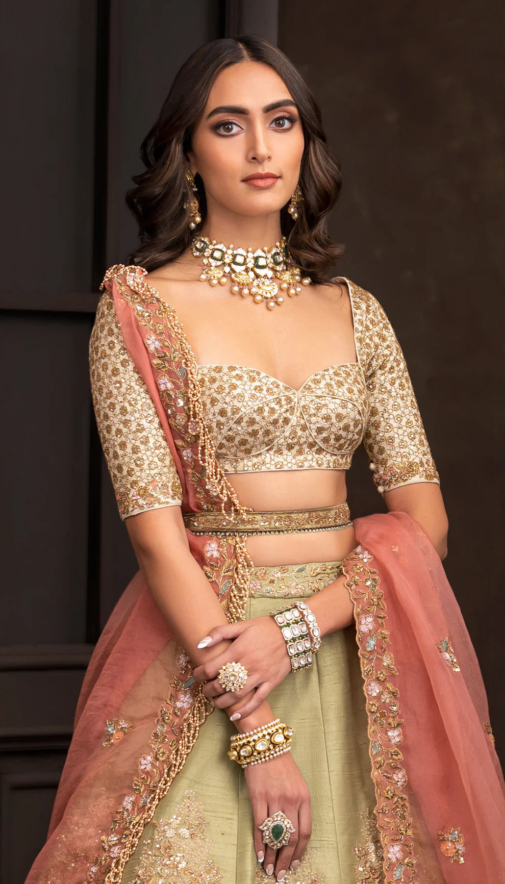 Olive Cartouche Lehenga