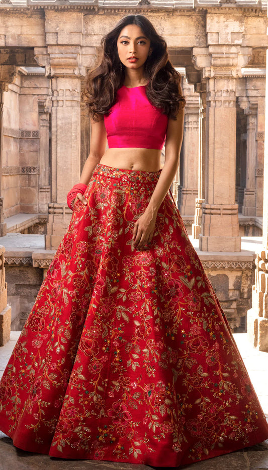 Rich Pink Raw Silk  Lehenga