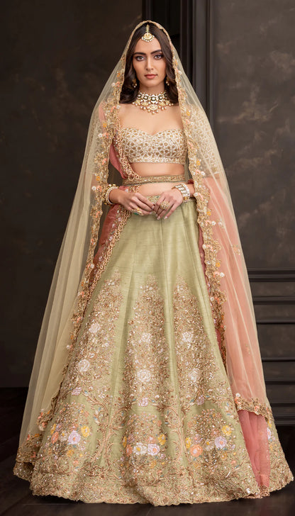 Olive Cartouche Lehenga