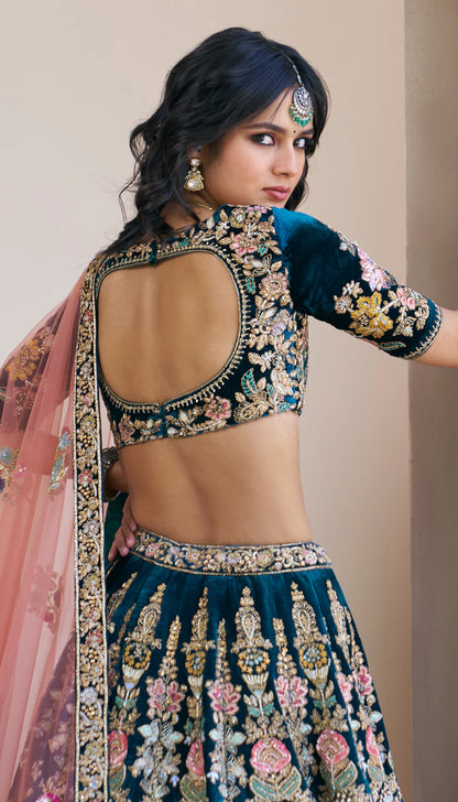 Deep Green Velvet Lehenga