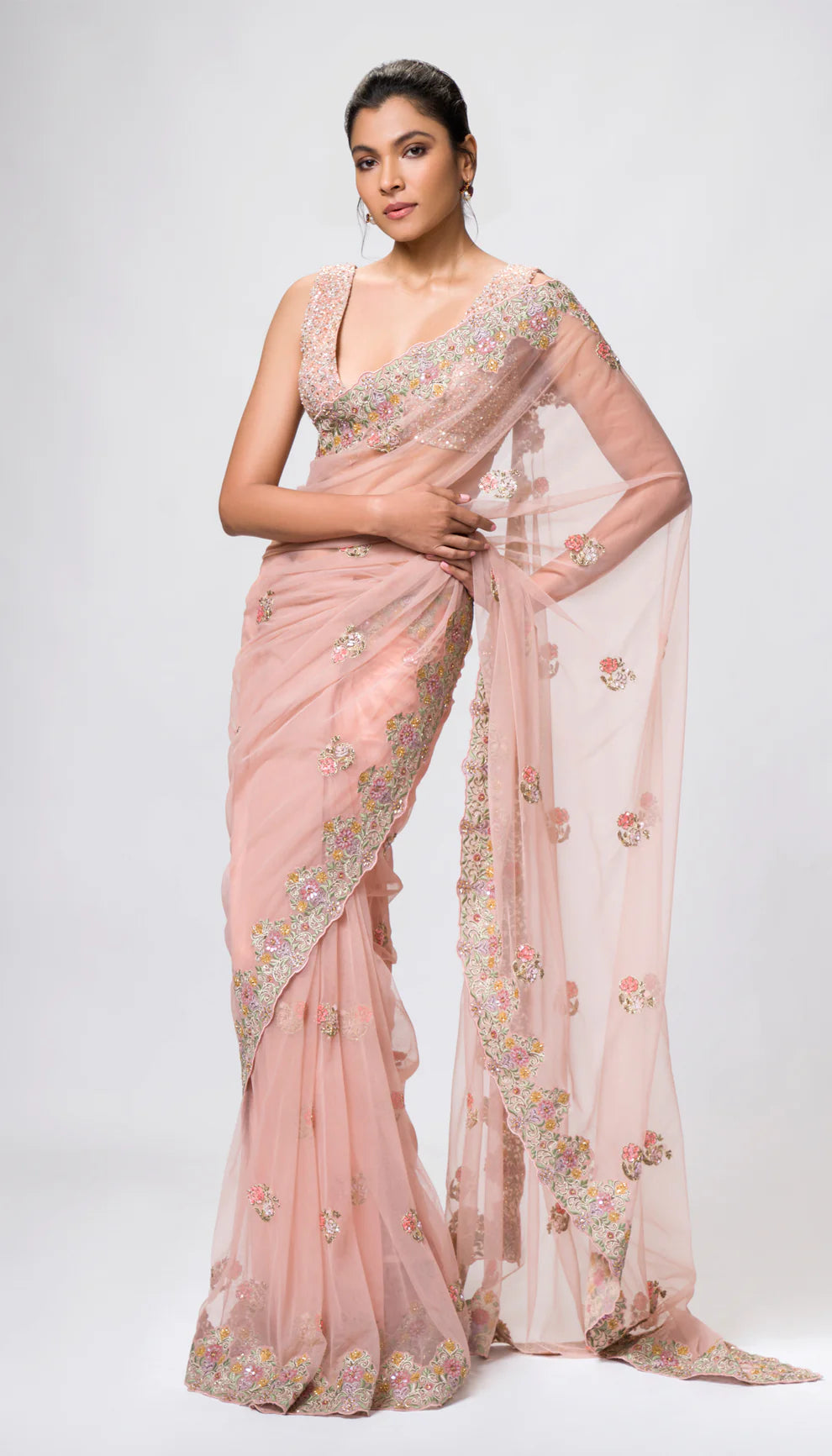 An Exquisite Blush-Pink Tulle Saree Embellished with Multicoloured Threadwork