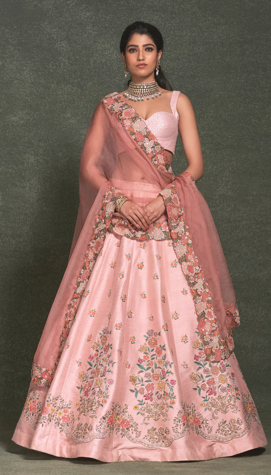 Subtle Pink Floating Bouquet Lehenga