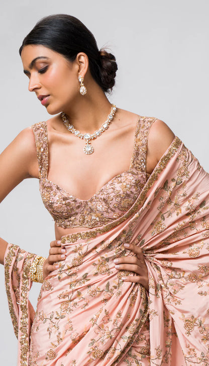 An Elegant Blush-Pink Half and Half Crepe Silk and Tulle Saree