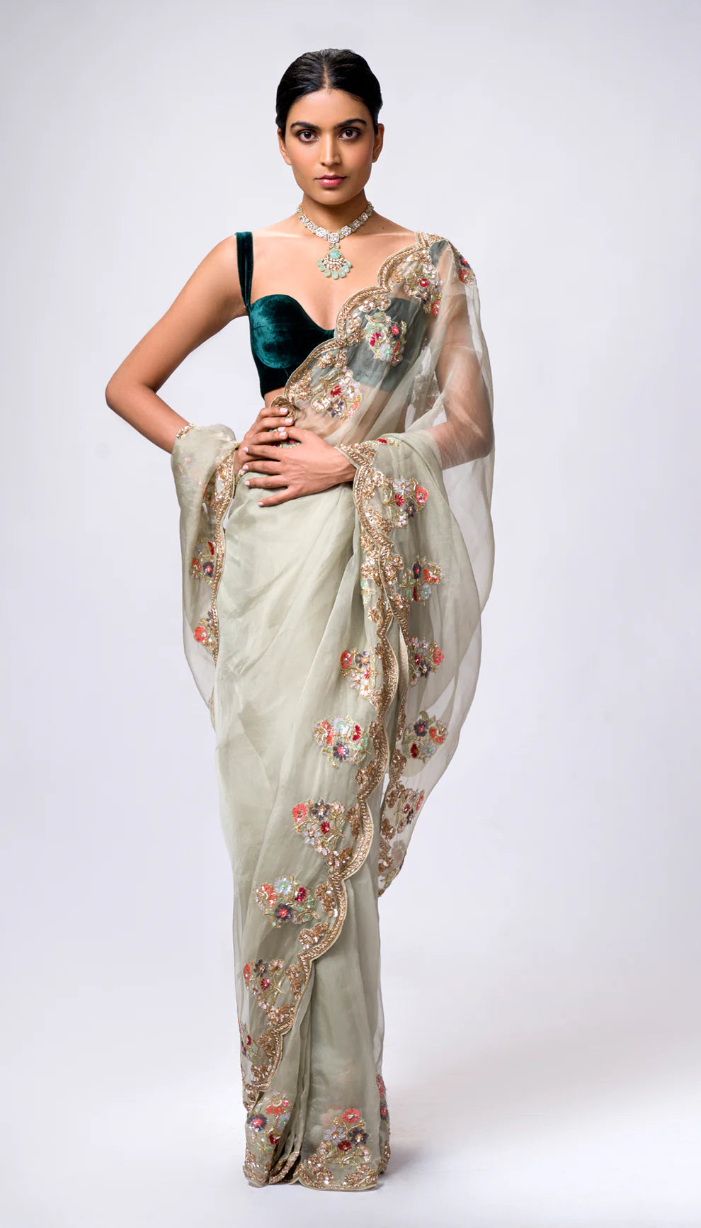 A Handcrafted Mint Organza Saree