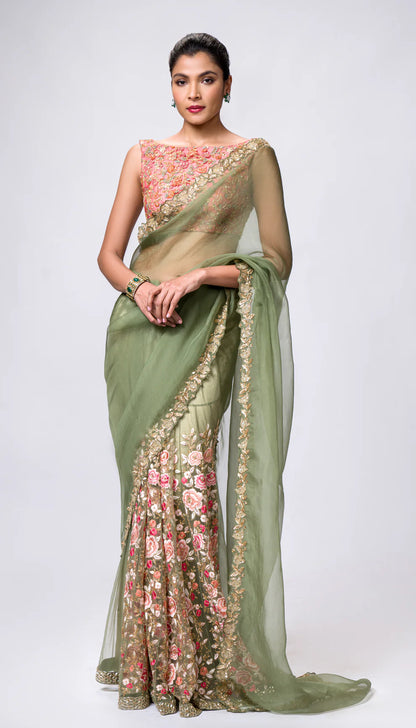 An Olive Green Organza Panelled Saree