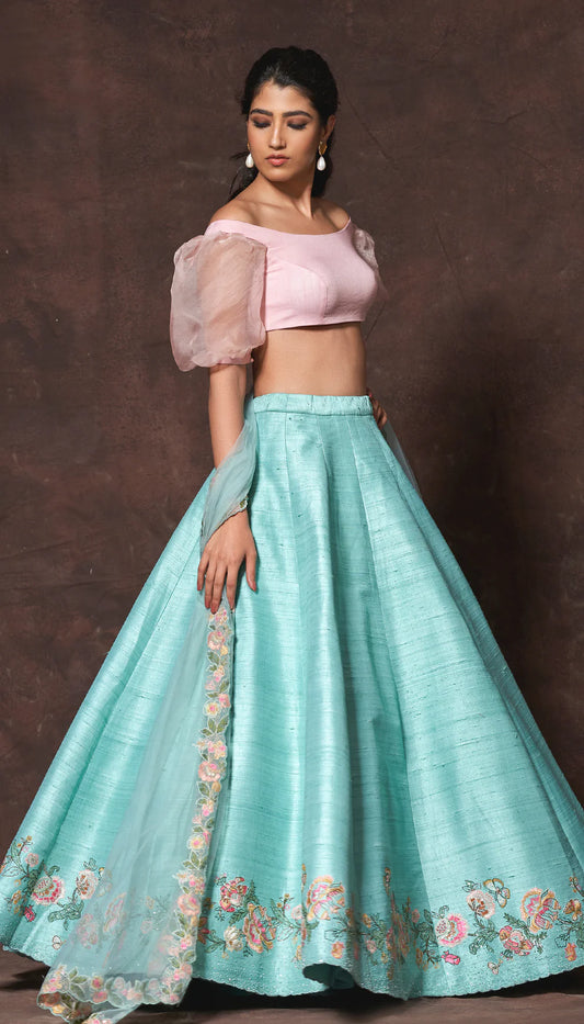 Sky Blue Raw Silk Lehenga