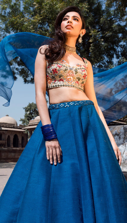 Rich Blue Raw Silk Lehenga