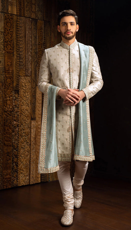 Mystic Blue Raw Silk Sherwani