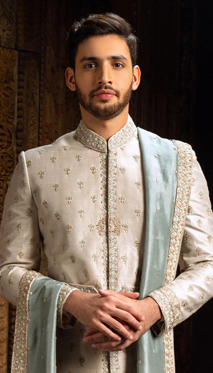 Mystic Blue Raw Silk Sherwani