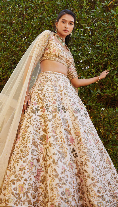 Ivory Vintage Raw Silk Lehenga