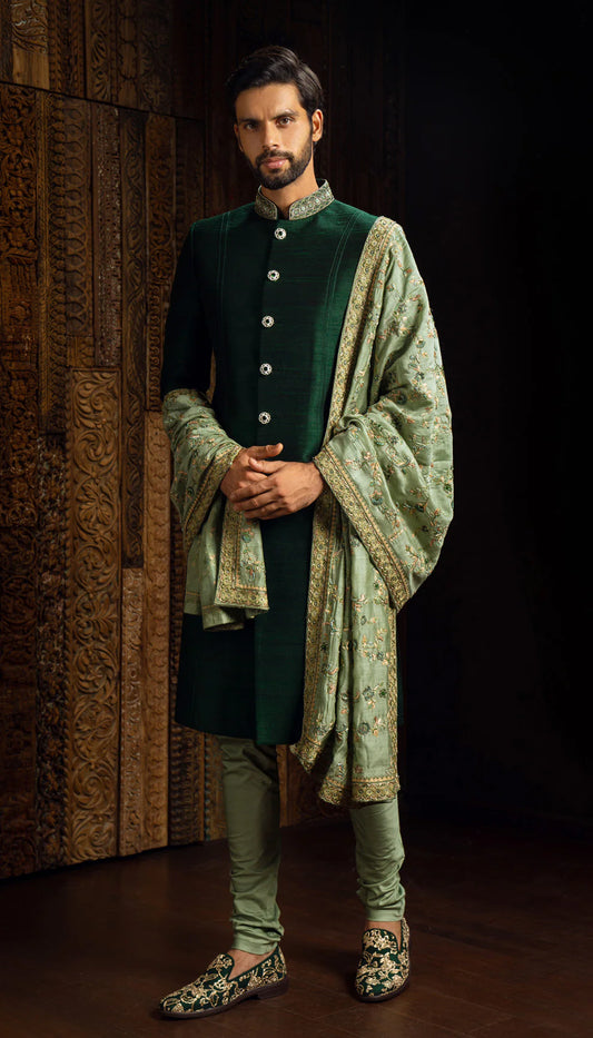 Green Jewelled Buttons Sherwani