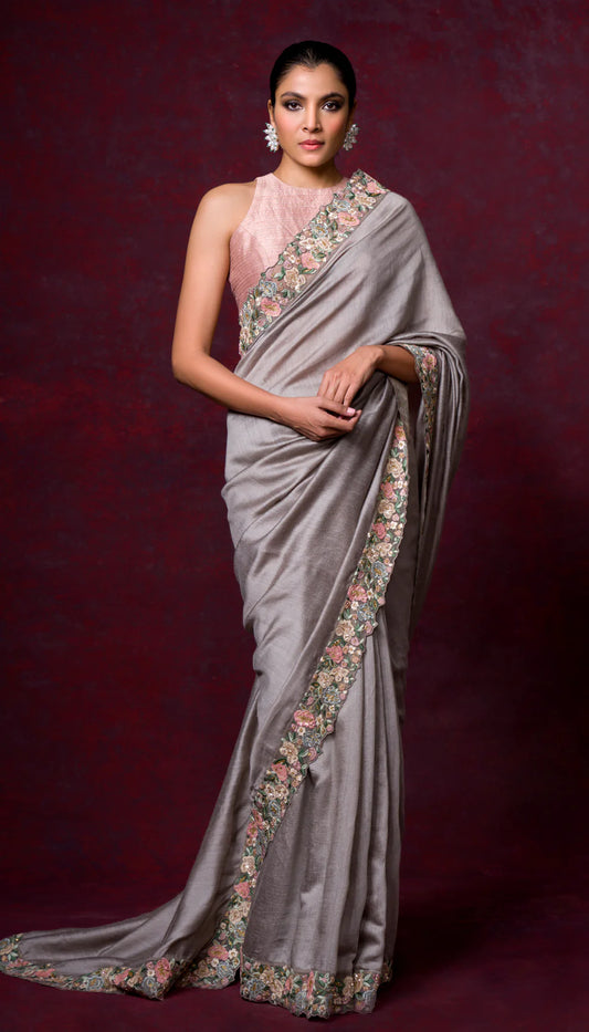 A Classic Moon Grey Tassar Silk Saree