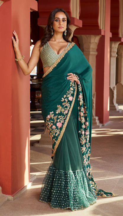 Forest Green Crepe Silk Saree