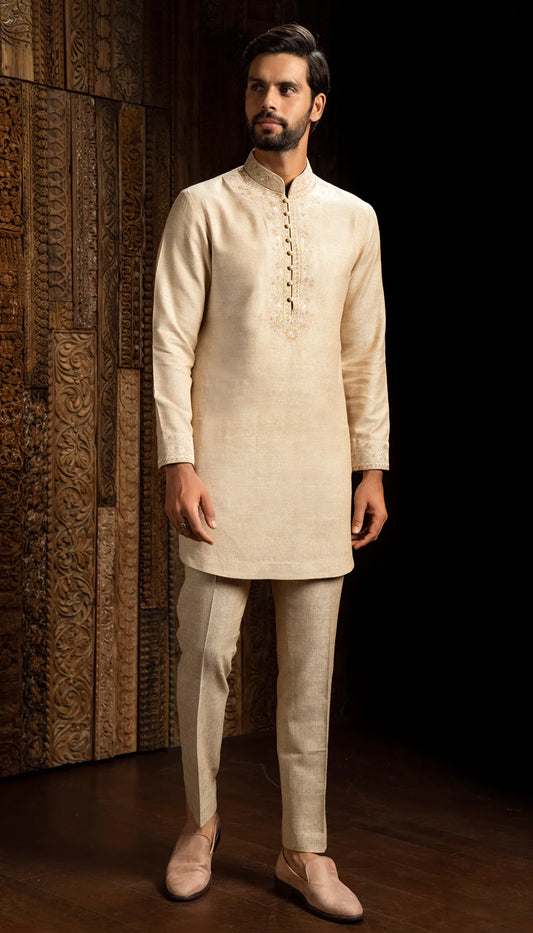 Beige Matka Silk Short Kurta