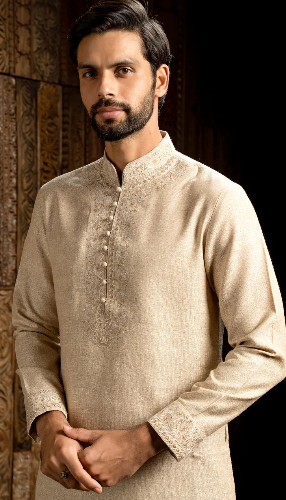 Beige Matka Silk Short Kurta