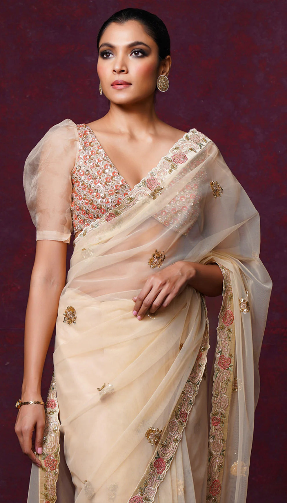 A Stunning Champagne Sheer Organza Saree