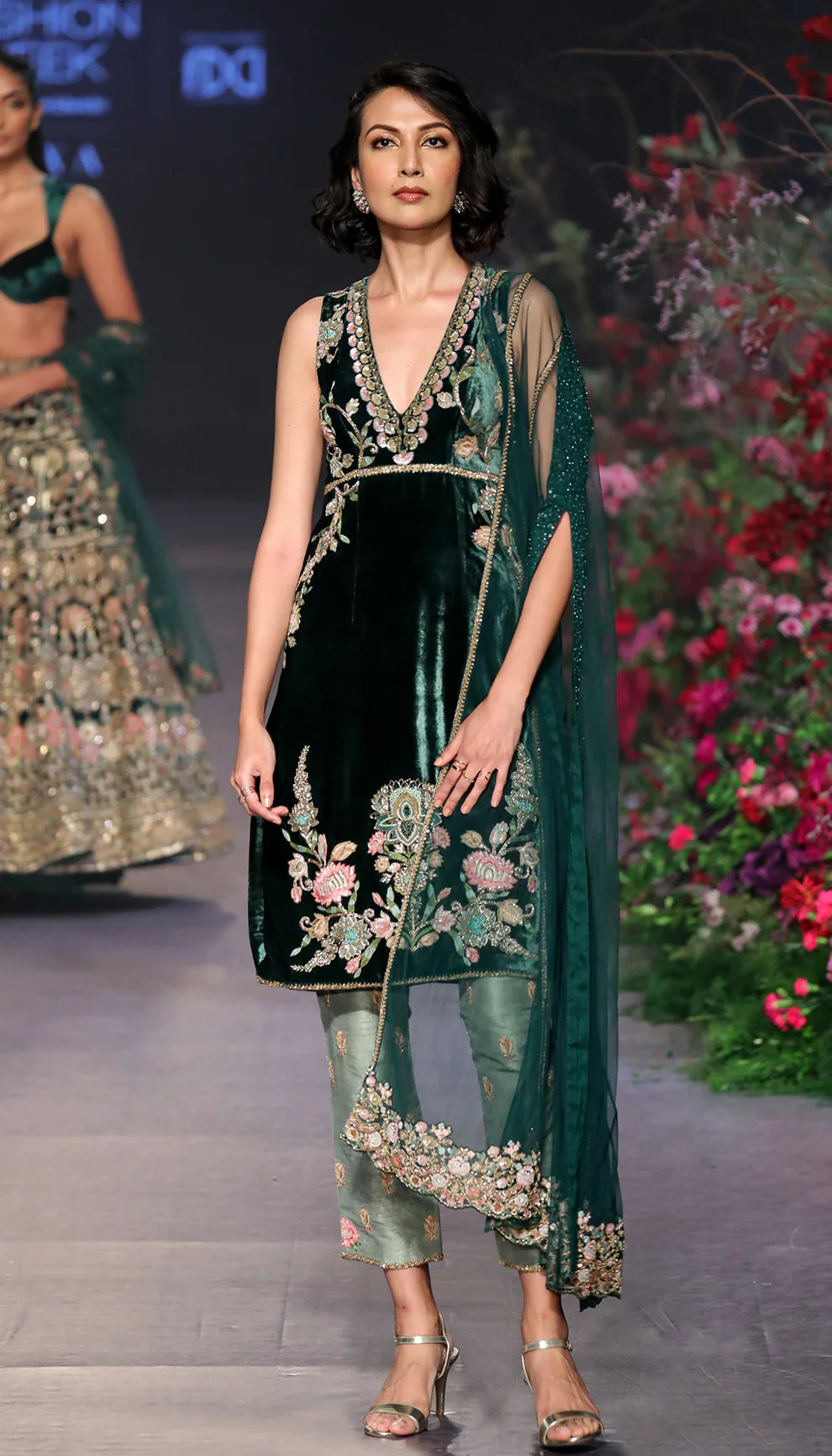 The Rich Green Embroidered Velvet Dress - Shyamal & Bhumika The Rich Green Embroidered Velvet Dress - Shyamal & Bhumika