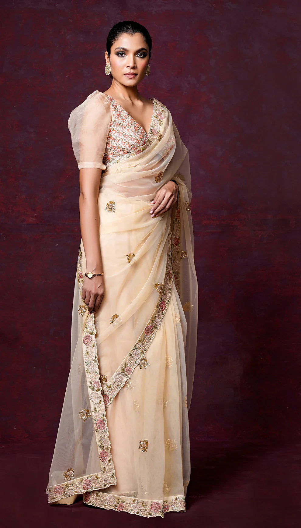 A Stunning Champagne Sheer Organza Saree