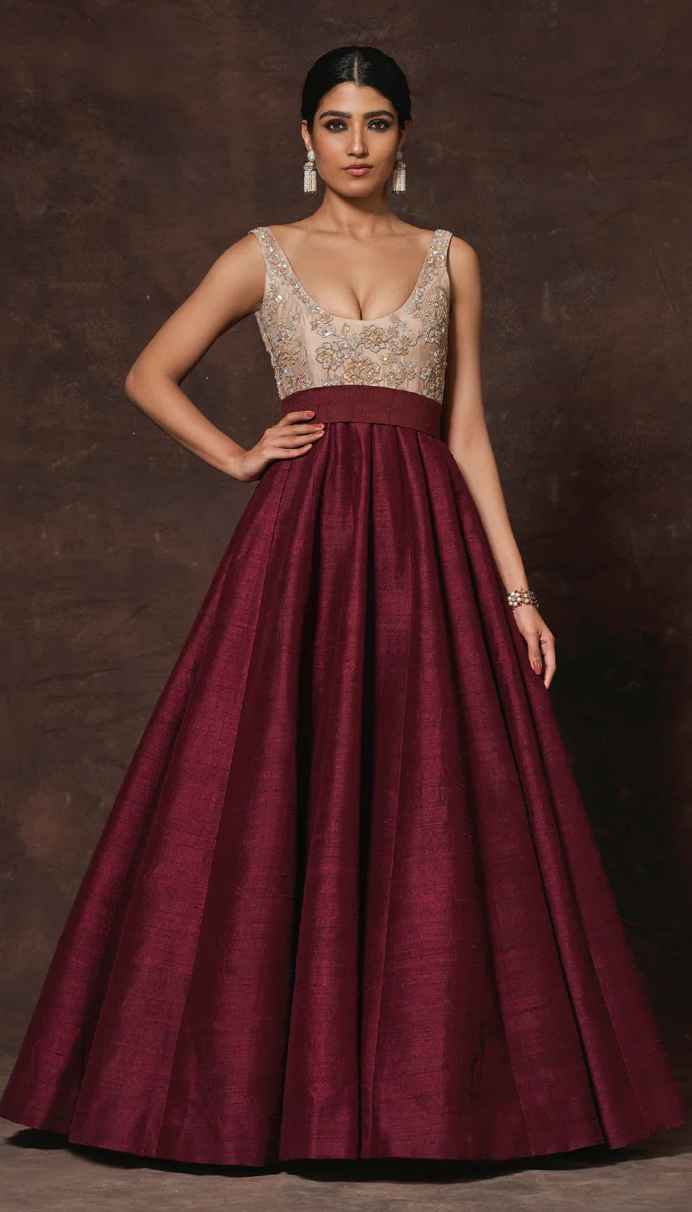 The Wine Raw Silk Evening Gown - Shyamal & Bhumika The Wine Raw Silk Evening Gown - Shyamal & Bhumika