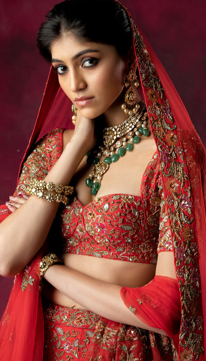 Red Architectural Lehenga