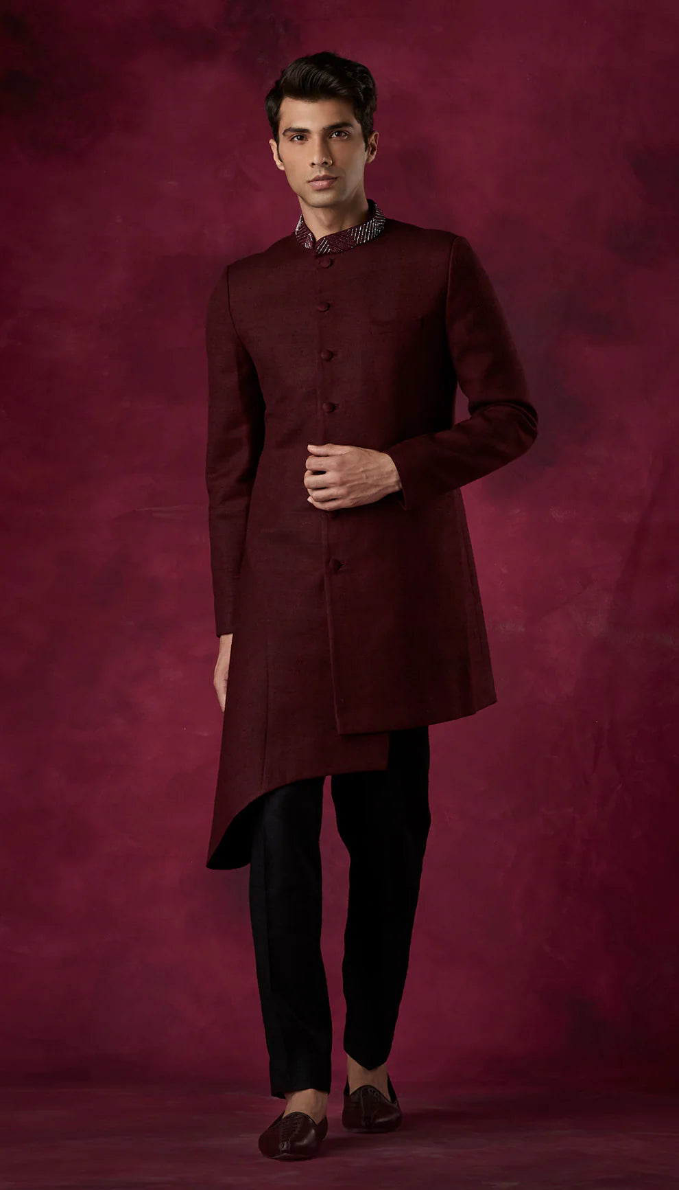 Wine Asymmetrical Hem Sherwani