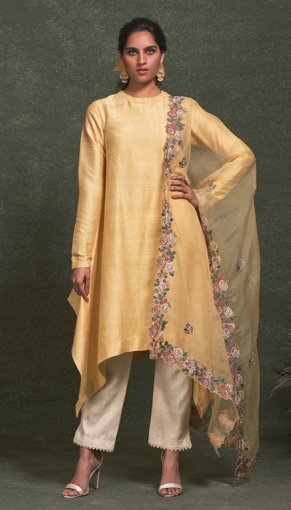 Yellow Asymmetric Raw Silk Kurta