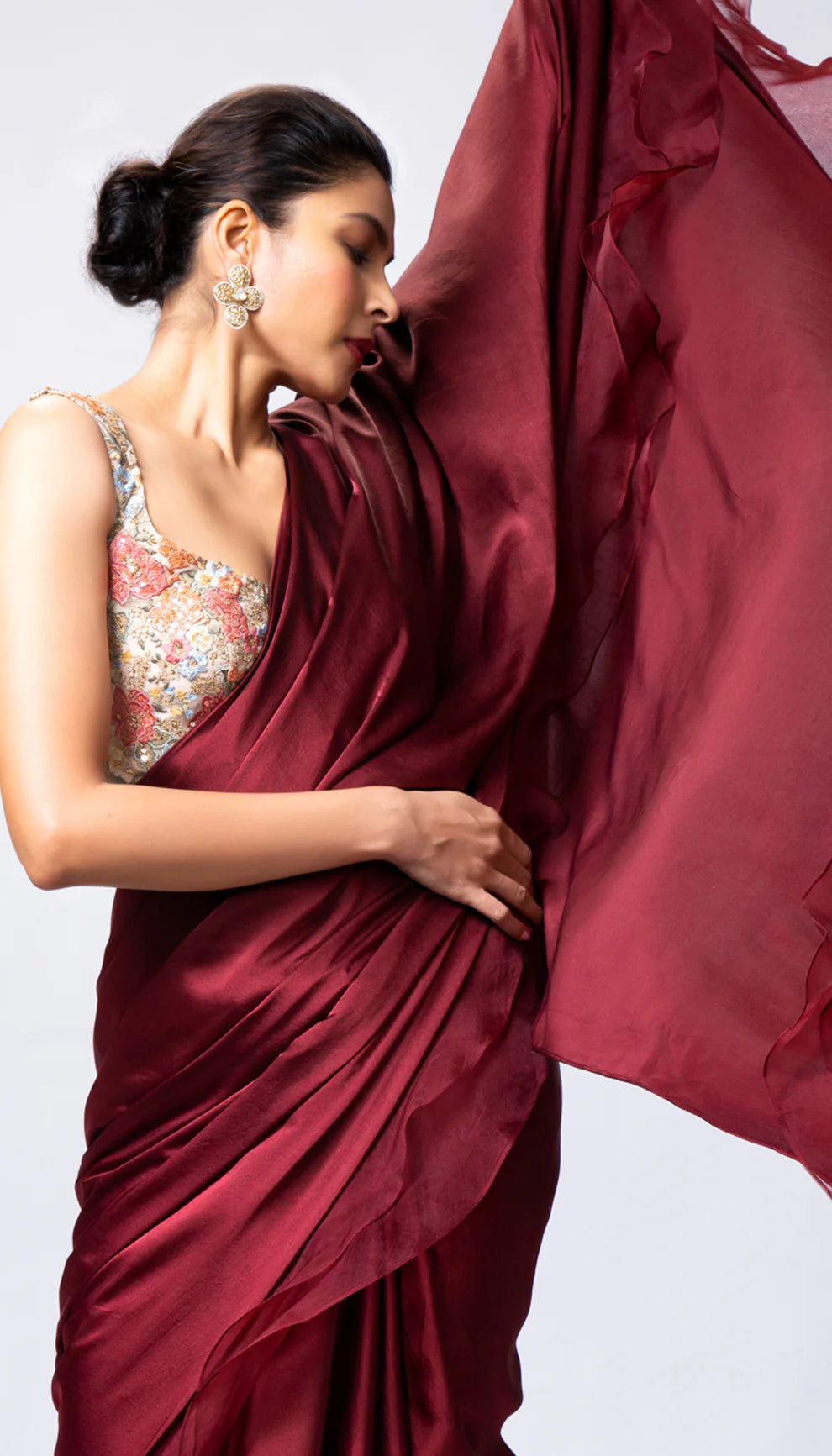 A Whimsical Wine Hued Satin Saree