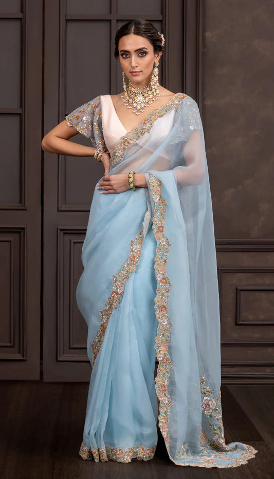 Powder Blue Floating Border Saree