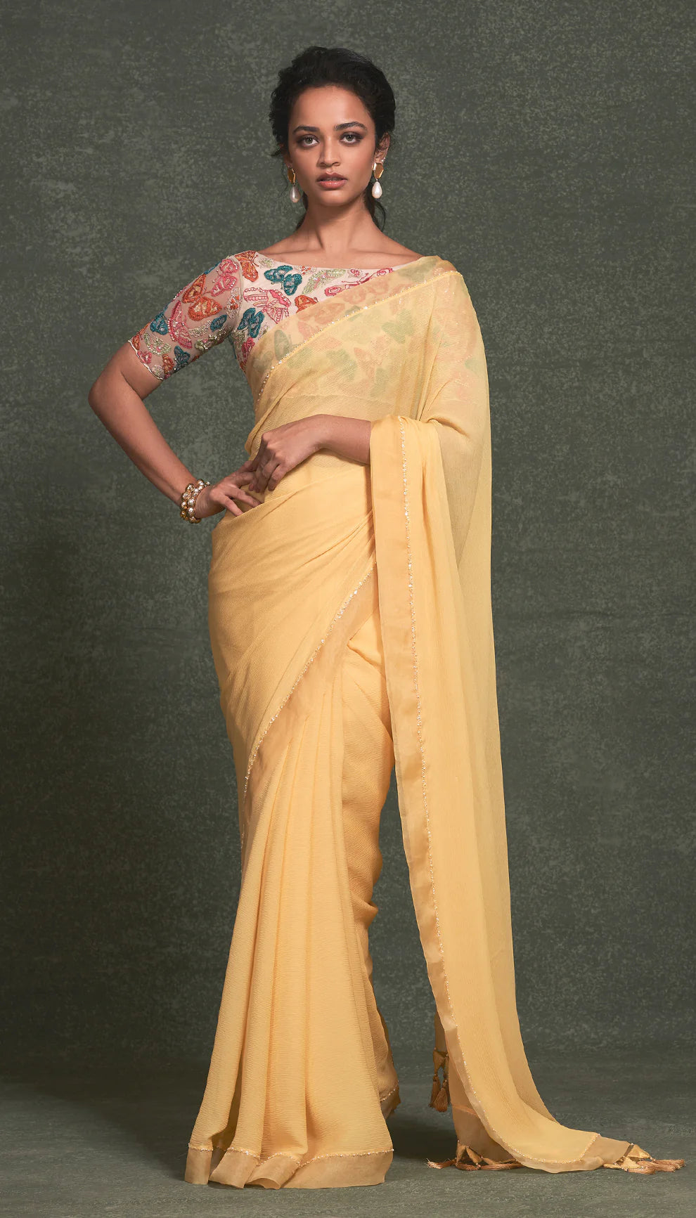 Sundress Yellow Chiffon Saree