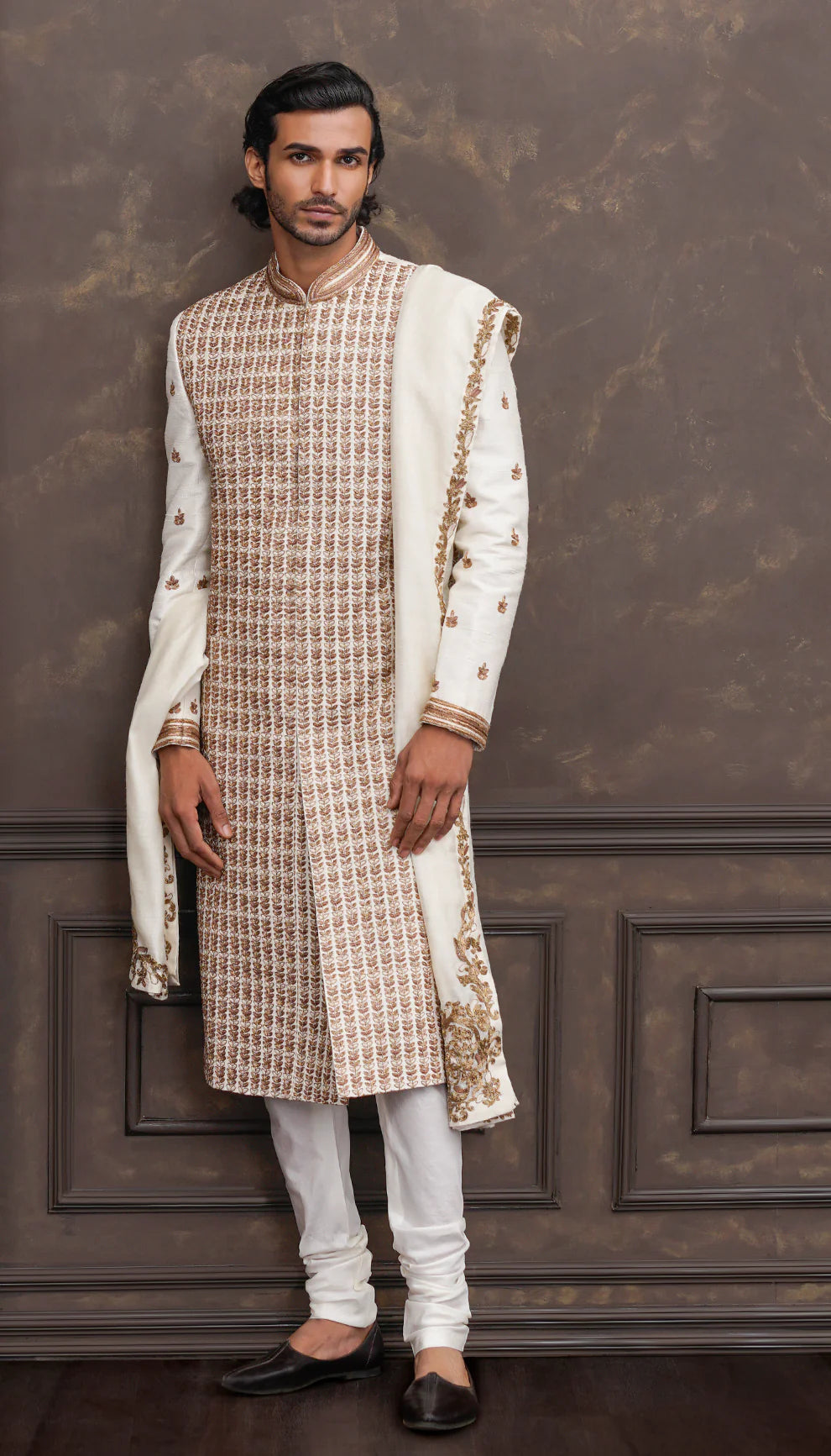 Ivory Embroidered Leaf Sherwani