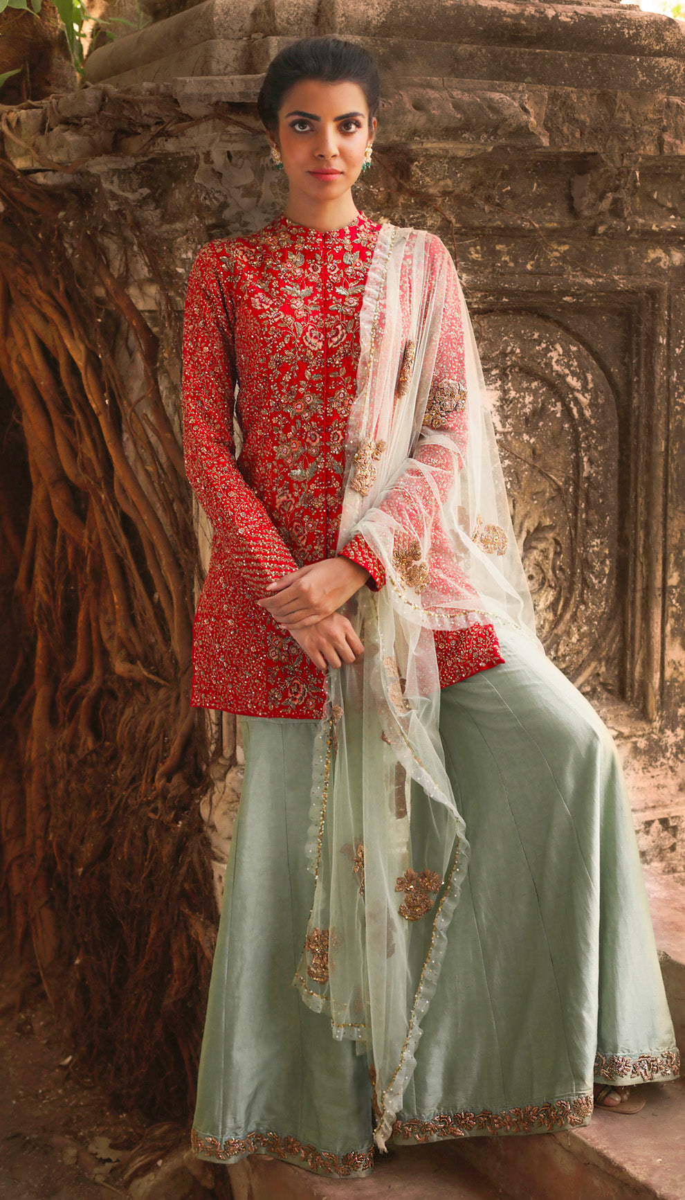 Woman wearing The Red and Muted Mint Embroidered Sharara Set by Shyamal & Bhumika.