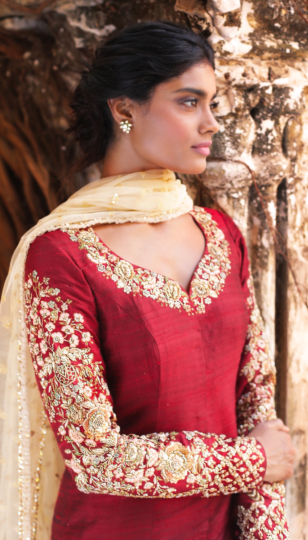 Woman wearing The Maroon Embroidered Raw Silk Sharara by Shyamal & Bhumika.