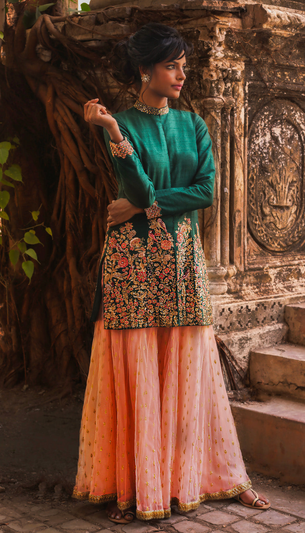 Woman in The Forest Green And Blush Pink Sharara Set by Shyamal & Bhumika.
