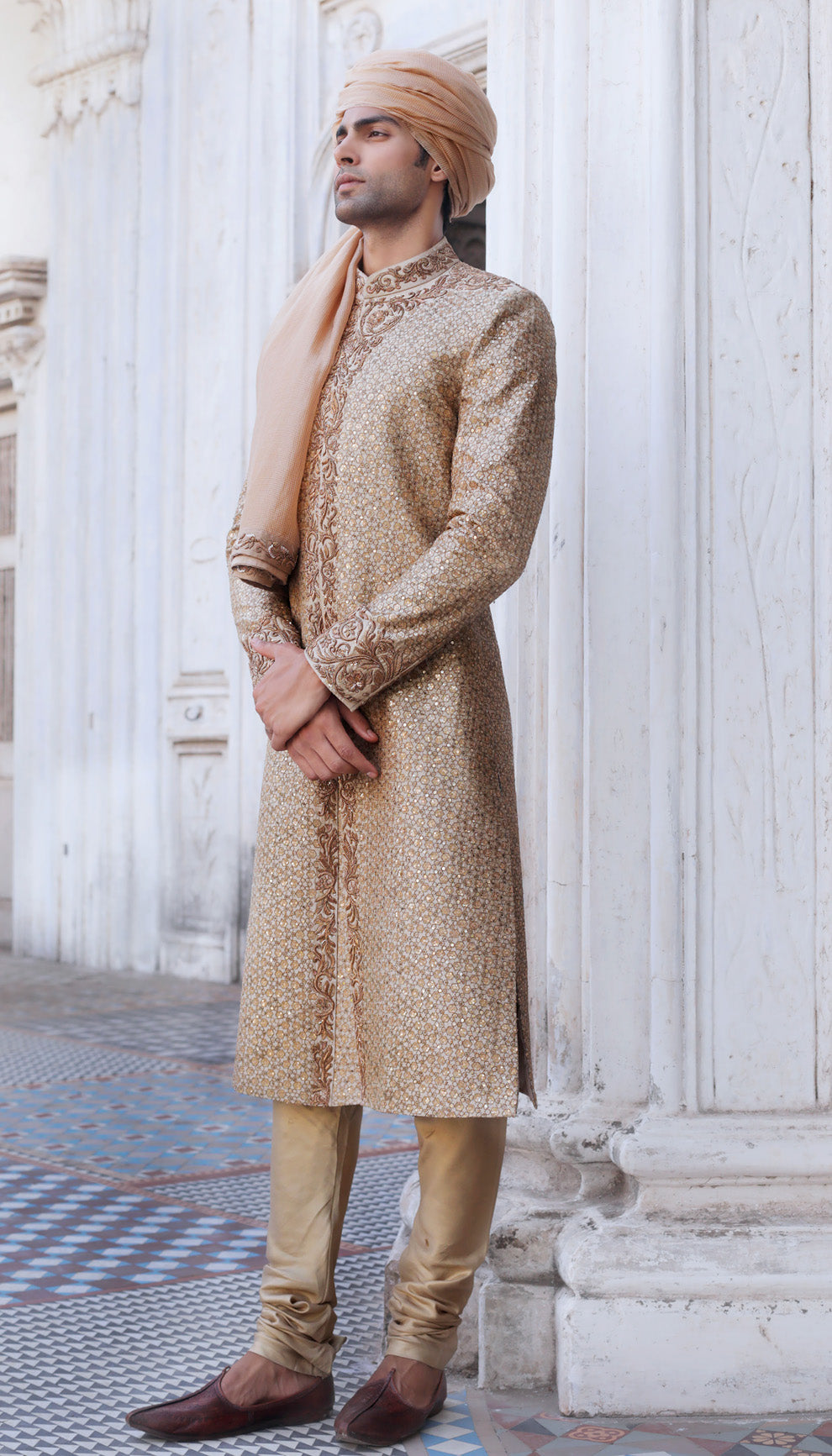 Man wearing The Muted Beige Embroidered Sherwani by Shyamal & Bhumika.