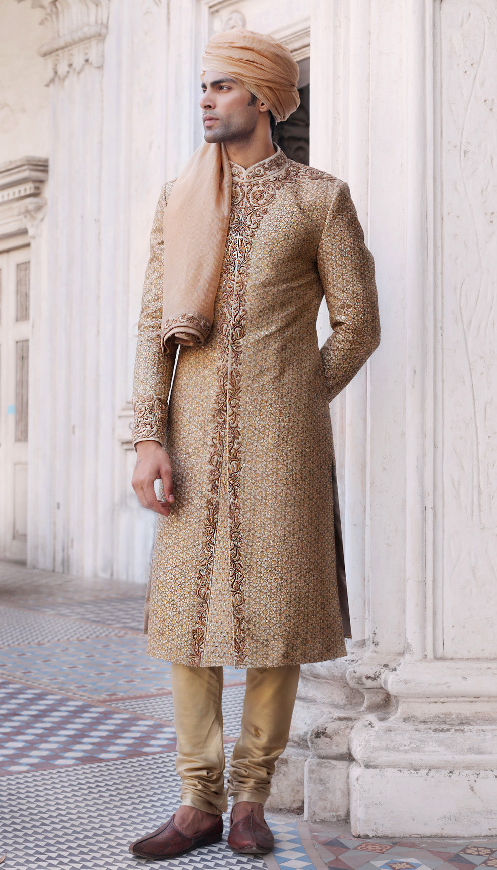Man wearing The Muted Beige Embroidered Sherwani by Shyamal & Bhumika.