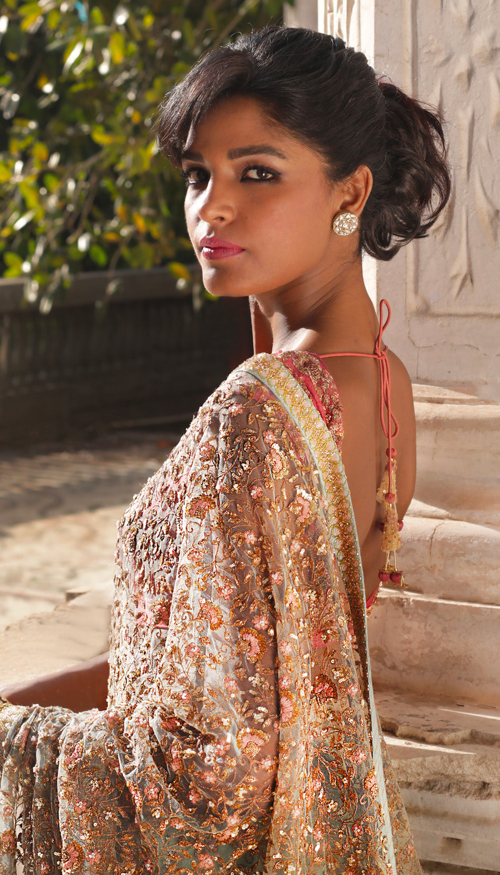 Woman in The Eggshell Blue Embroidered Saree by Shyamal & Bhumika.