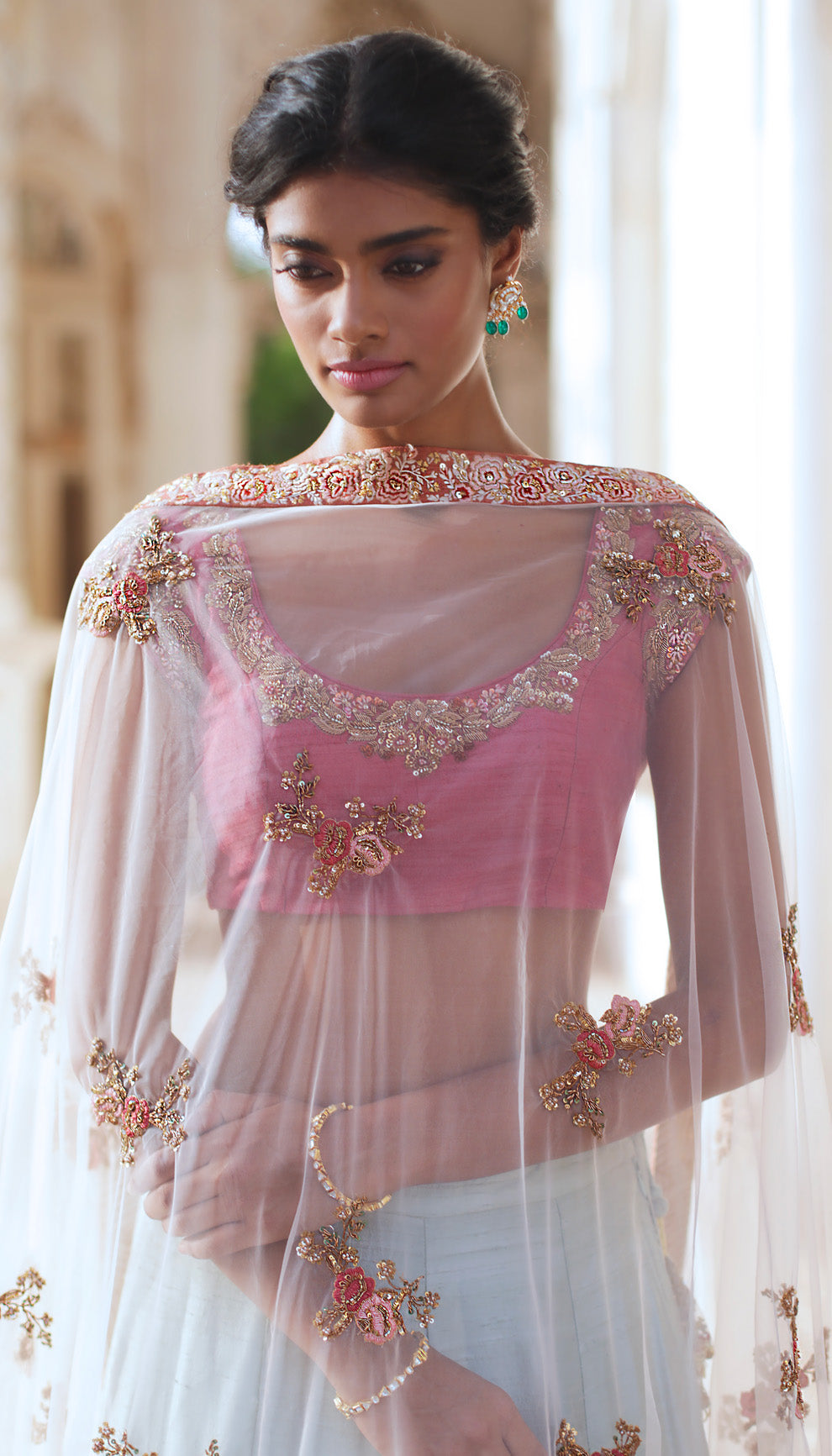 Woman in The Powder Blue Embroidered Lehenga by Shyamal & Bhumika.