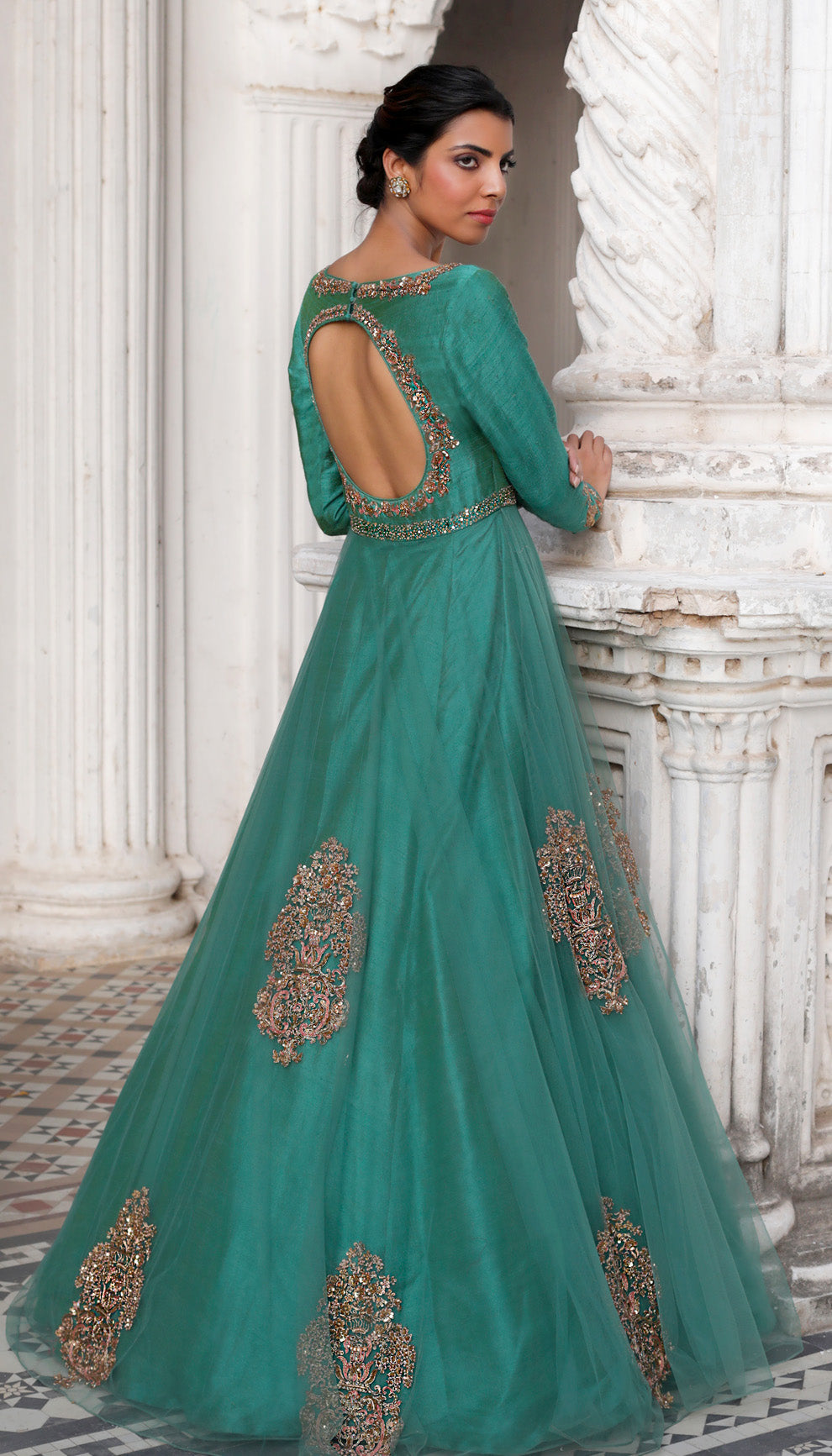 Woman wearing The Teal Embroidered Tulle Gown by Shyamal & Bhumika.