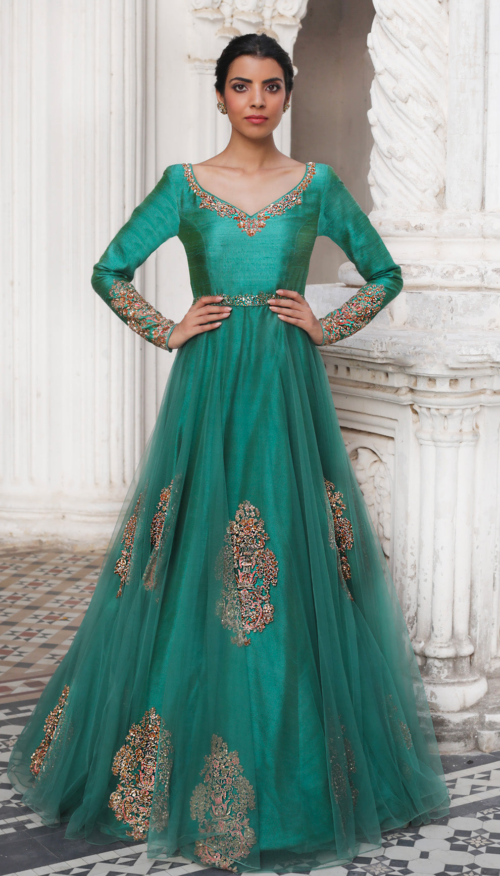 Woman wearing The Teal Embroidered Tulle Gown by Shyamal & Bhumika.