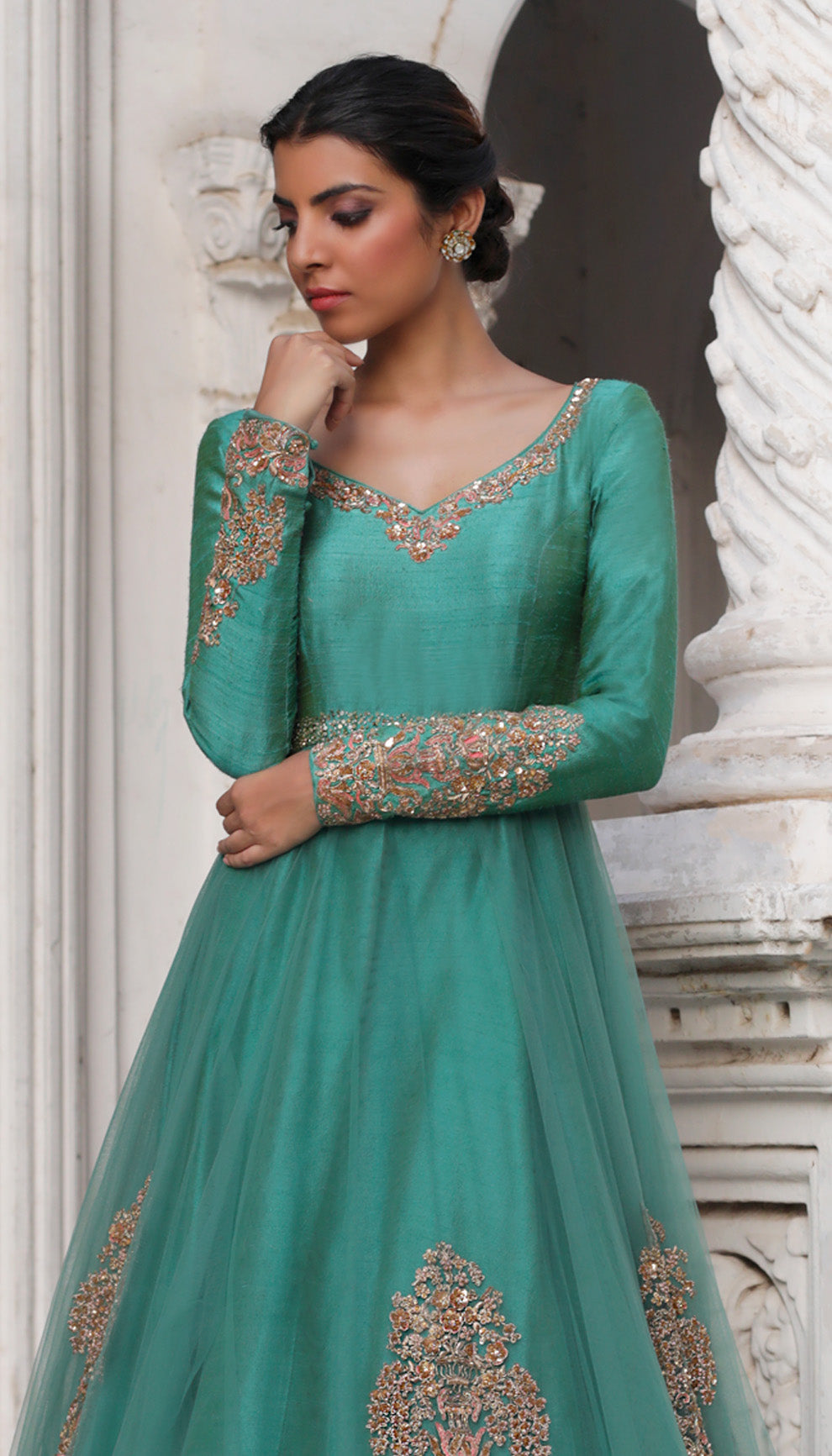 Woman wearing The Teal Embroidered Tulle Gown by Shyamal & Bhumika.