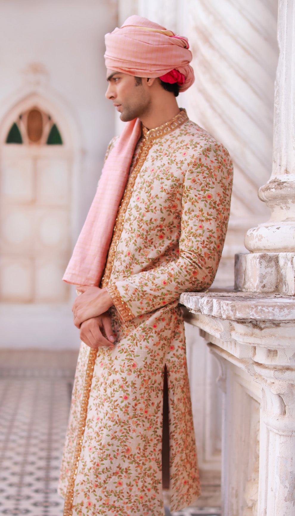 Man wearing The Almond Beige Embroidered Sherwani by Shyamal & Bhumika.