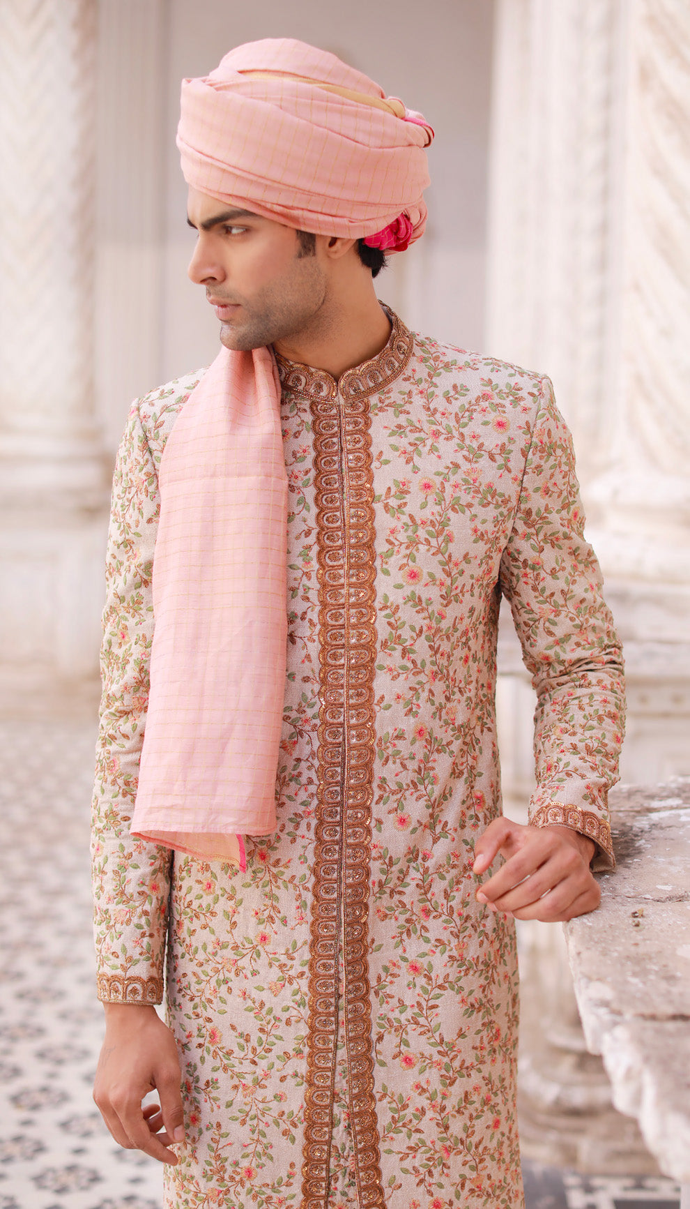 Man wearing The Almond Beige Embroidered Sherwani by Shyamal & Bhumika.