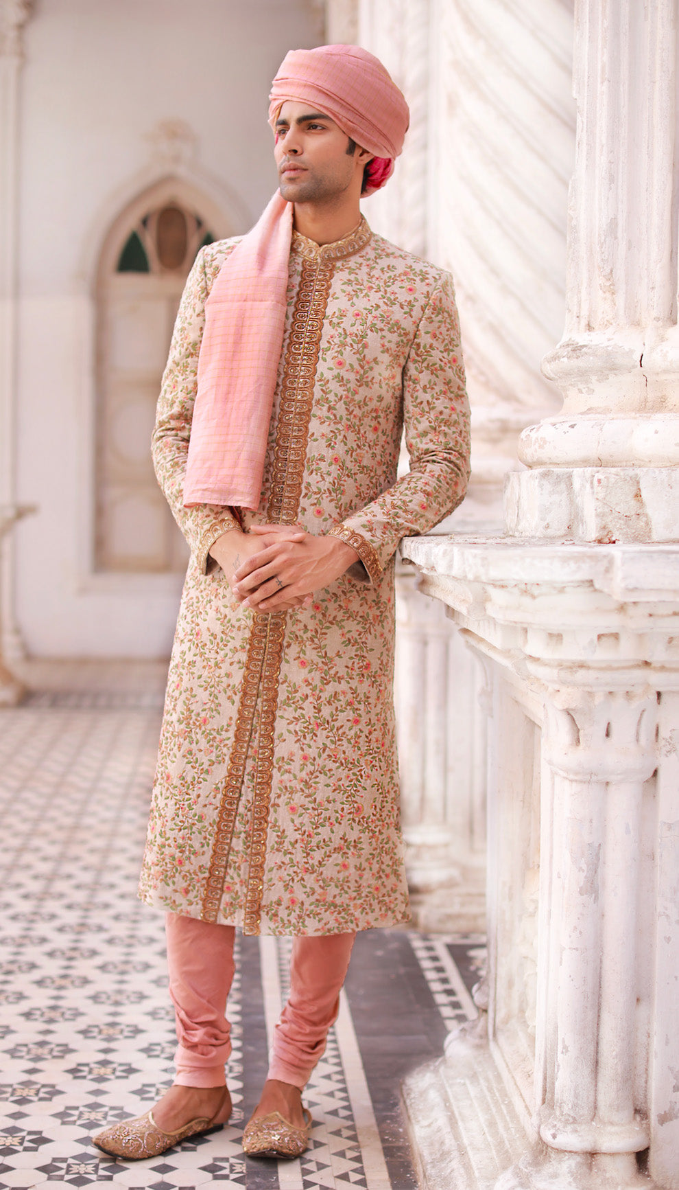 Man wearing The Almond Beige Embroidered Sherwani by Shyamal & Bhumika.