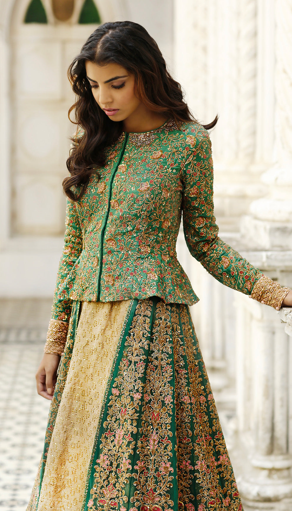 Woman wearing The Rich Green Layered Lehenga by Shyamal & Bhumika.