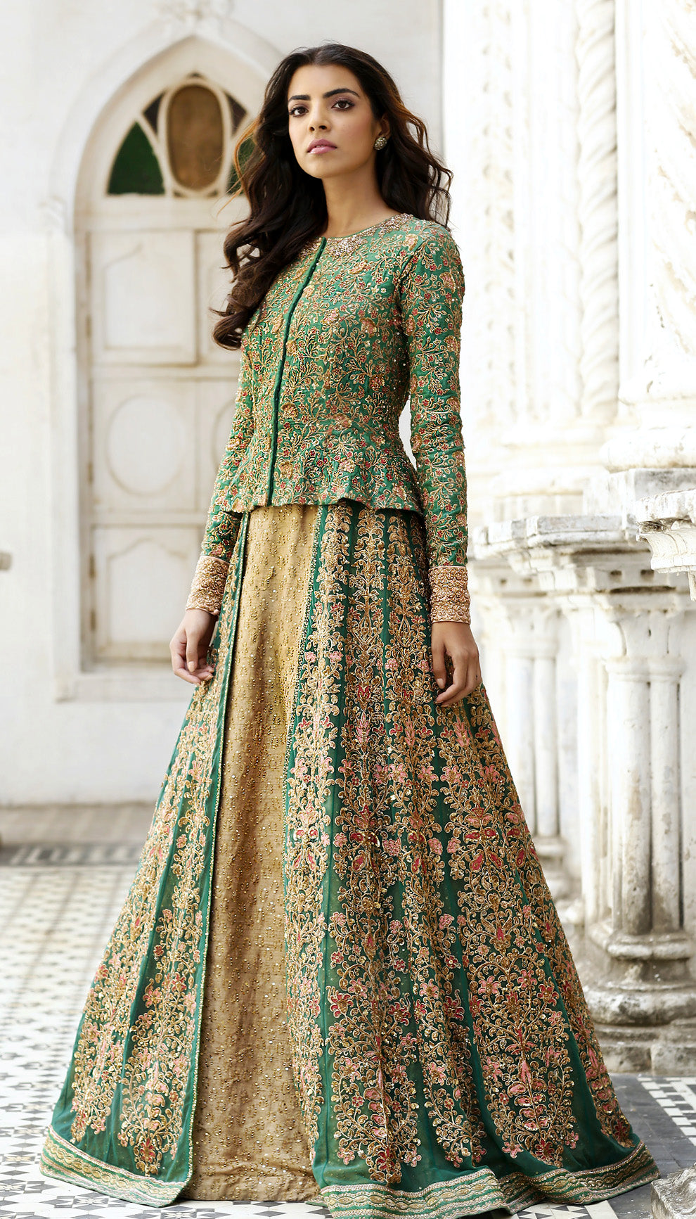 Woman wearing The Rich Green Layered Lehenga by Shyamal & Bhumika.