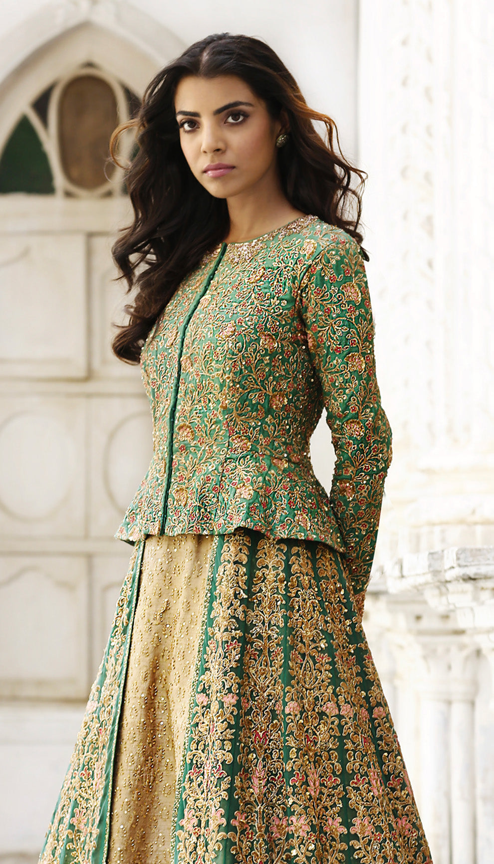 Woman wearing The Rich Green Layered Lehenga by Shyamal & Bhumika.